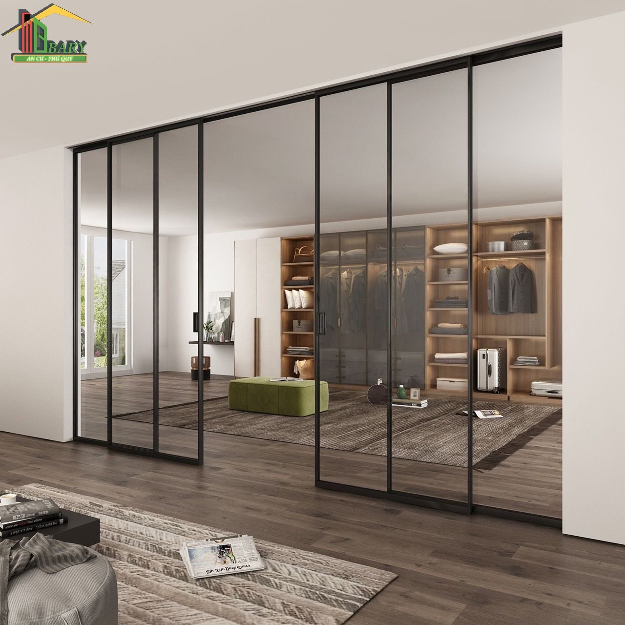 Cửa trượt nhôm slim 2 cánh mở sang 2 bên không ray